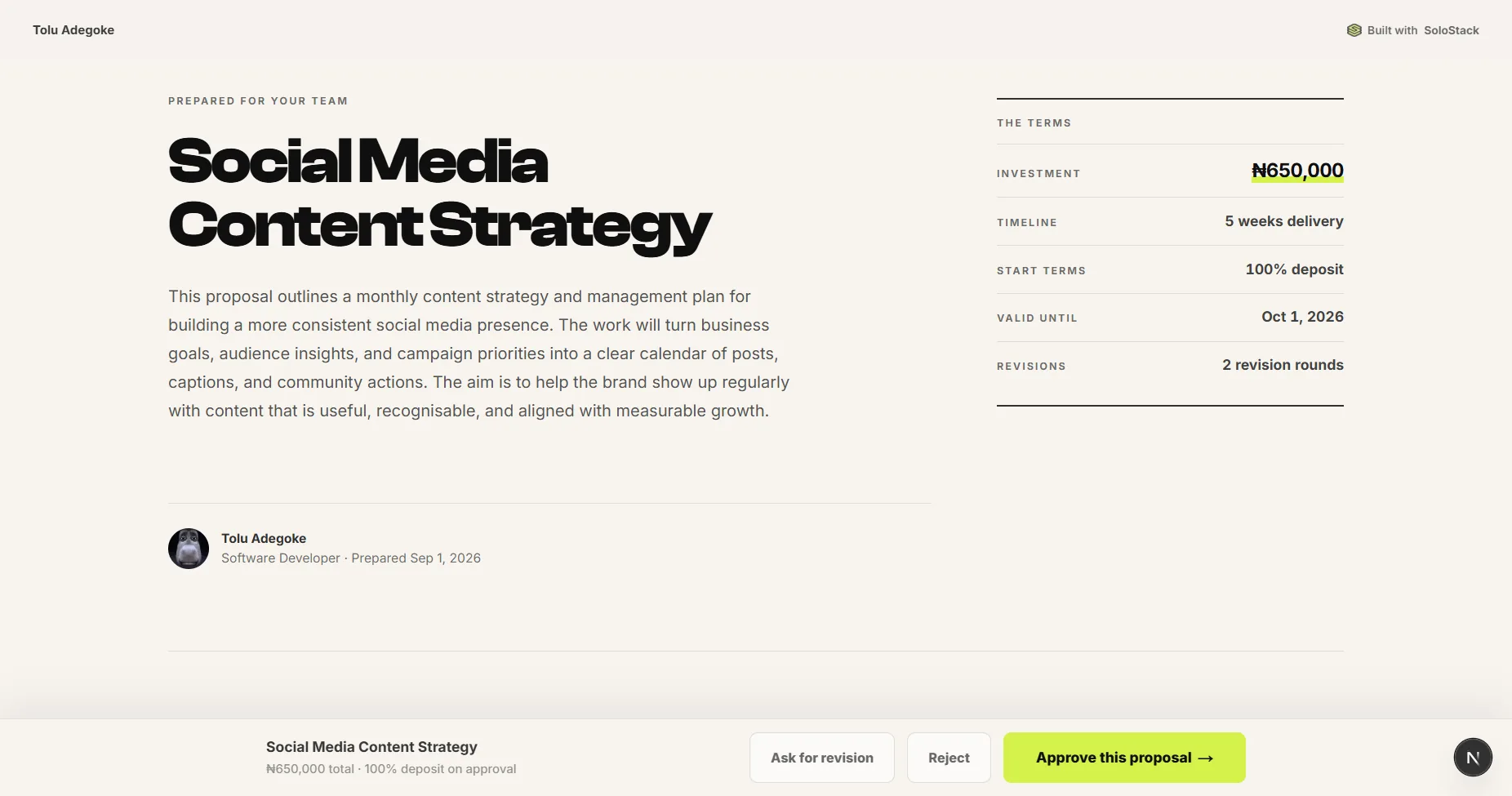 A SoloStack proposal as the client sees it, with the terms and an approve button