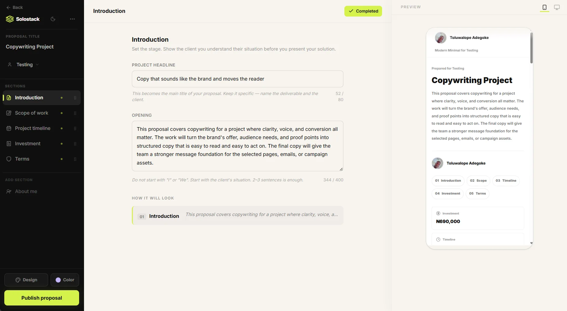 SoloStack proposal builder interface